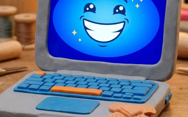 Portátil plateado de plastilina sonriendo